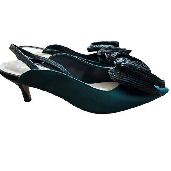 FSJ Green Satin Pointed Toe Low Heel Black Bow Slingback Pump Heels Size 7 - Picture 7 of 11
